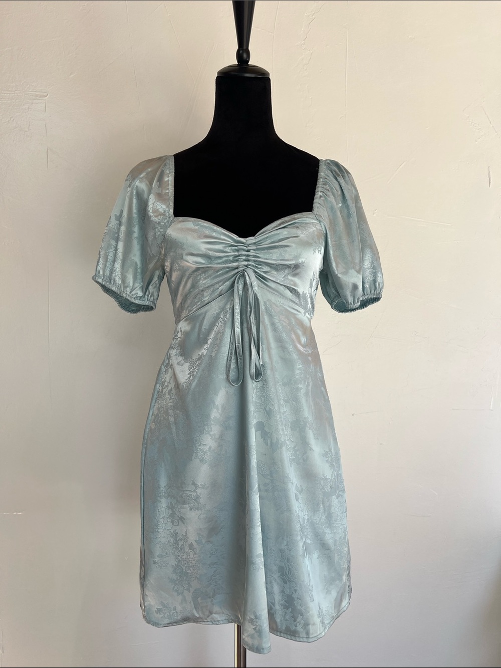 Altar'd‎ State Light Blue Satin Puff Sleeve Ruched Mini Dress milkmaid babydoll